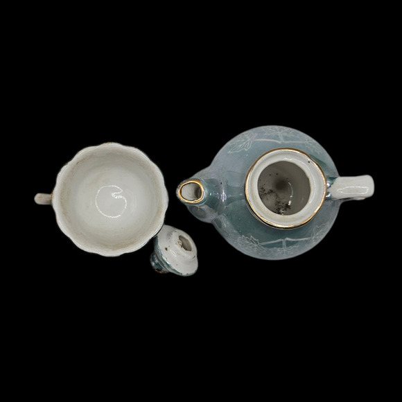 Vintage Ceramic Teapot & Cup Set Gray Blue Maple Leaf Motif Gold Trim Japan - Picture 6 of 6